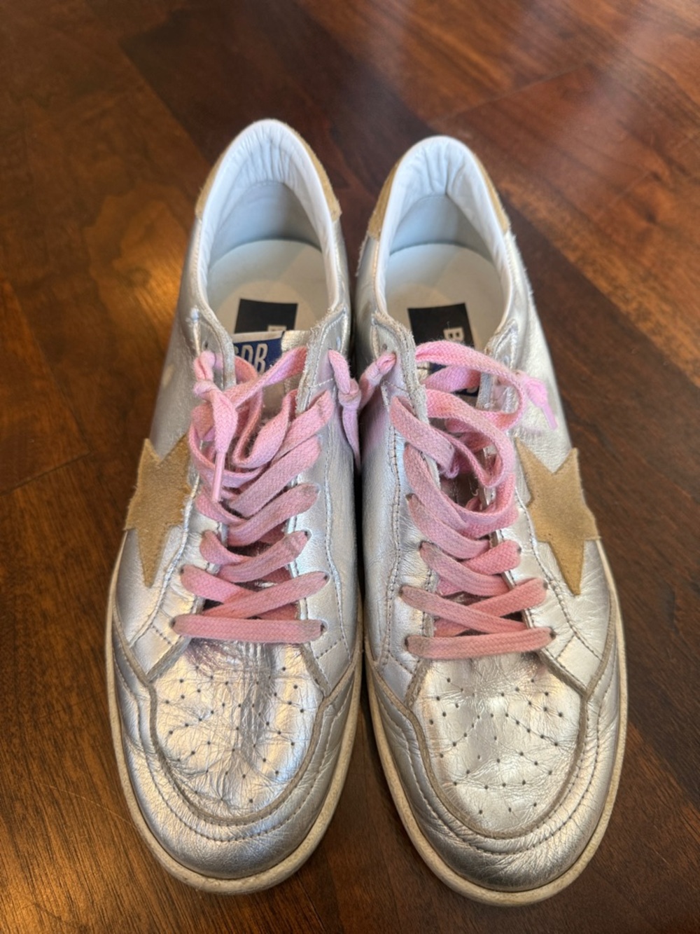 Golden Goose Silver Leather Sneakers with Pink Laces and Tan Star